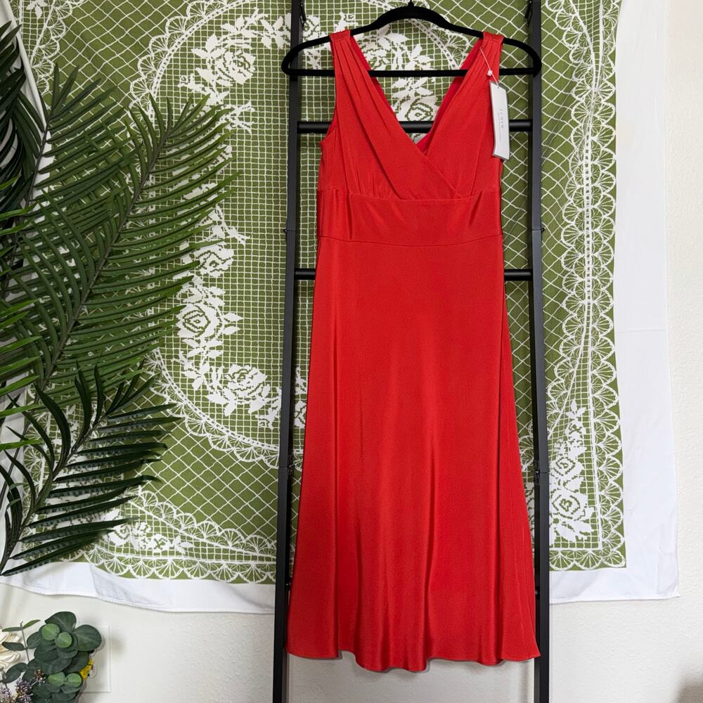 NWT J.Crew‎ 100% Silk Dress 4P Red Special Occasion V-Neck Empire Waist Midi